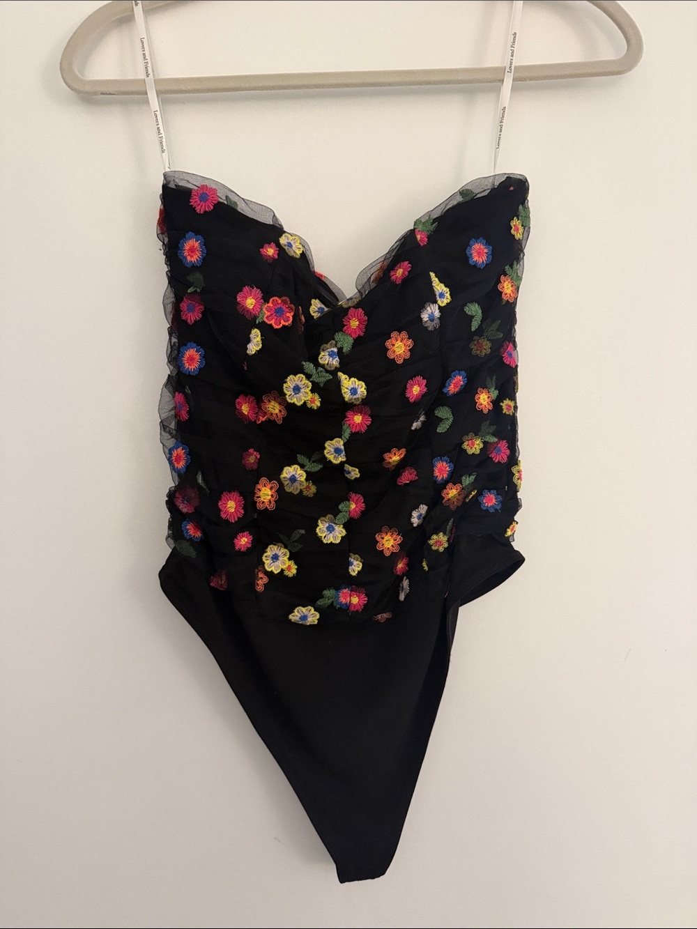 Lovers + Friends Black Floral Embroidered Mesh Bodysuit